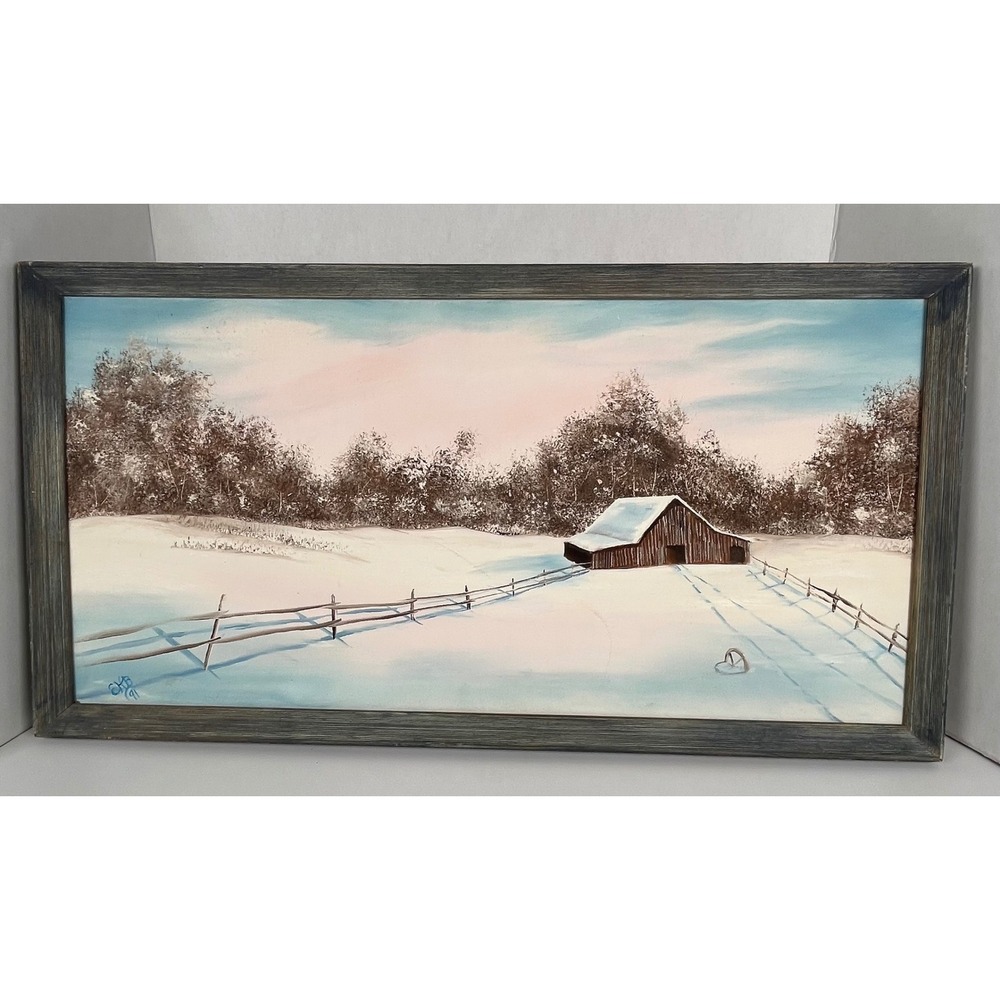 VTG Signed EHB‎ 91 Winter Landscape Oil Painting Barn Snow Fredrix Canvas 24x12